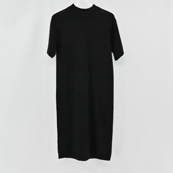 VTG 90s BILL BLASS Knit Merino Wool Dress Black Sweater Scalloped Womens Size M - Picture 2 of 10